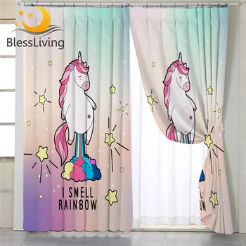 BlessLiving Cartoon Unicorn Window Curtain Cute Rainbow Blackout Curtain Girly Kids Rod Pocket Living Room Curtain Dropship 1PC 1