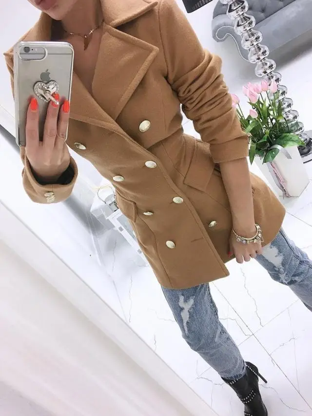 

2021 Winter Elegent Women Woolen Coat Solid Color Long Sleeve Chic Outwear Ladies Overcoat New Turn-down Collar Coats