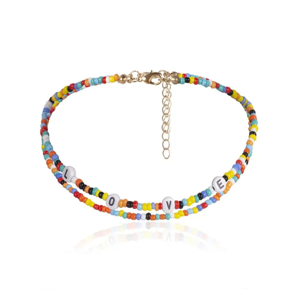 1 AOMU Simple Geometric Handmade Beading Double Layer Necklace Letter Love Necklace For Women Fashion Boho Jewelry - Metal Color: 1