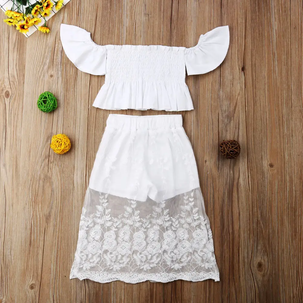 Комплект из 2 предметов для маленьких девочек кружевные топы с открытыми плечами