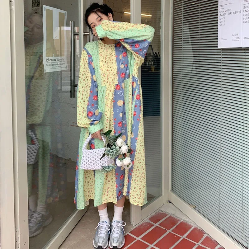 

Korean One-Piece Floral Patchwork Shirt Dress 2021 Summer Vintage Loose O Neck Girlish Style Vacation Sun Protection Shirt Dress