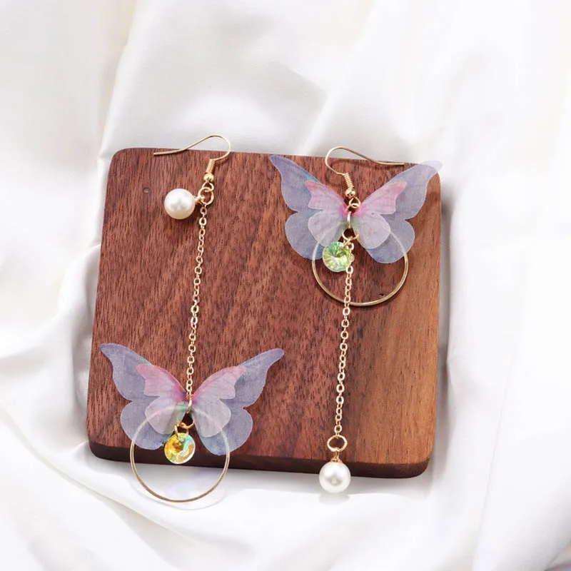 Корейские Ретро Асимметричные Серьги-бабочки Длинные круглые серьги с крыльями