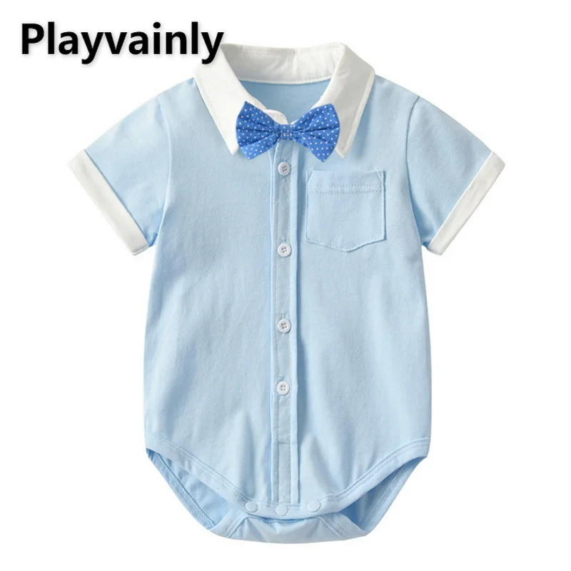 

Новинка 2022, летний Боди для маленьких мальчиков, однотонный базовый комбинезон с коротким рукавом и воротником-бантом, официальная одежда д...