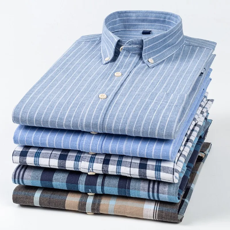 

Hot Pop Men's Linen Cotton Plaid Shirt Single Patch Pocket Standard-fit Long Sleeve Casual Button-down Shirts