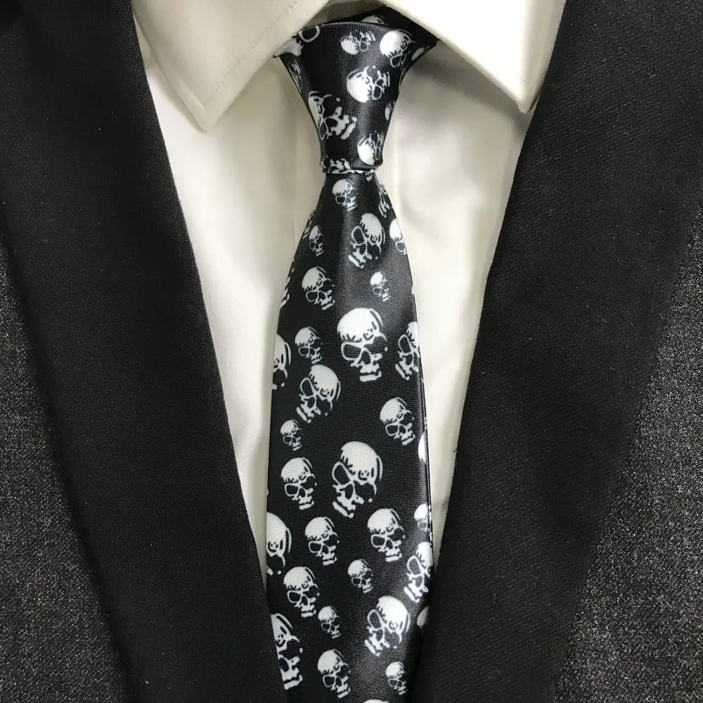 New Design Men's Skull Ties Black Skeleton Pattern Print Neck Tie for Men