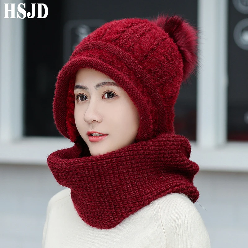 Утолщенные теплые вязанные шарф и шапка из кроличьей шерсти набор 2019 новые
