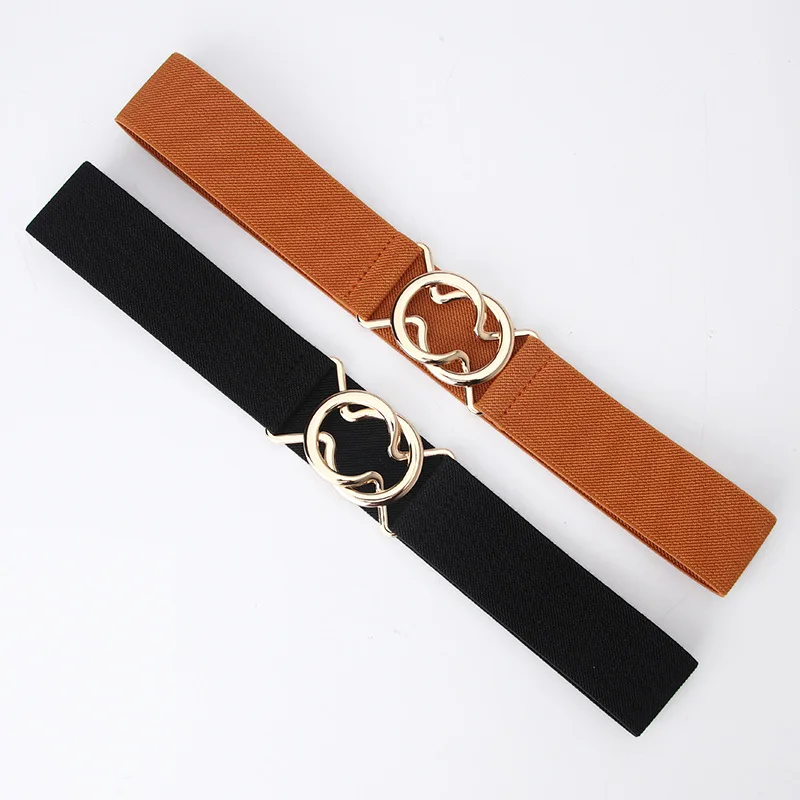 Belts Women Black Waist Elastic Ladies Band Round Buckle Decoration Coat Sweater Fashion Dress Rice White