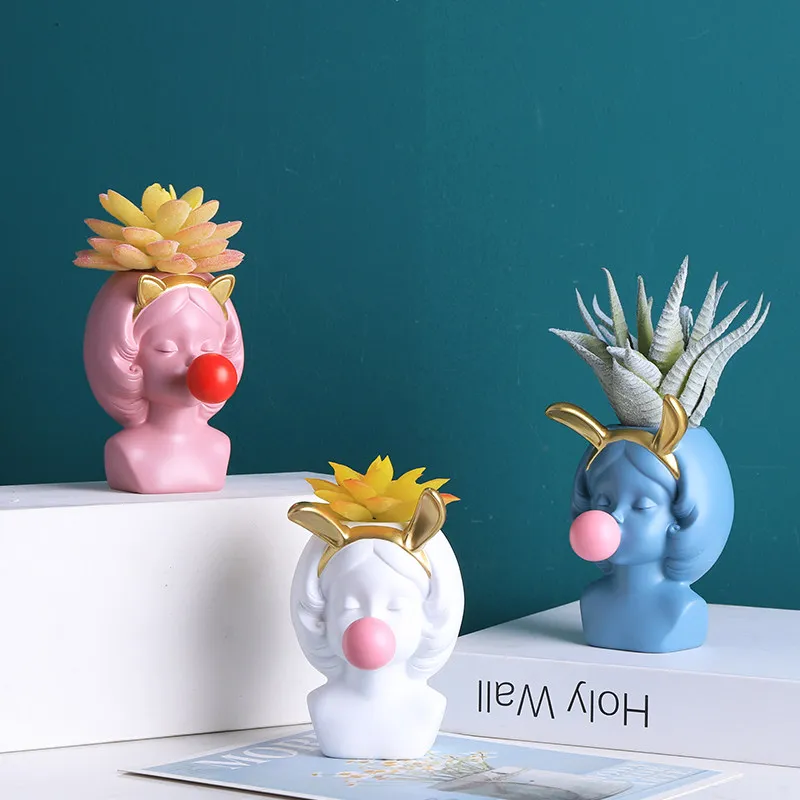 

Kawaii Bubble Girl Vase Flower Pot Cute Rabbit Cat Girls Head Flower Vases Storage Box Pen Brushes Holder Home Decoration Crafts