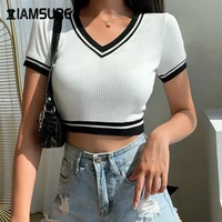 iamsure 2020 summer patchwork v neck slim outfits ribbed t shirt for women korean style casual basic female crop tops shirt