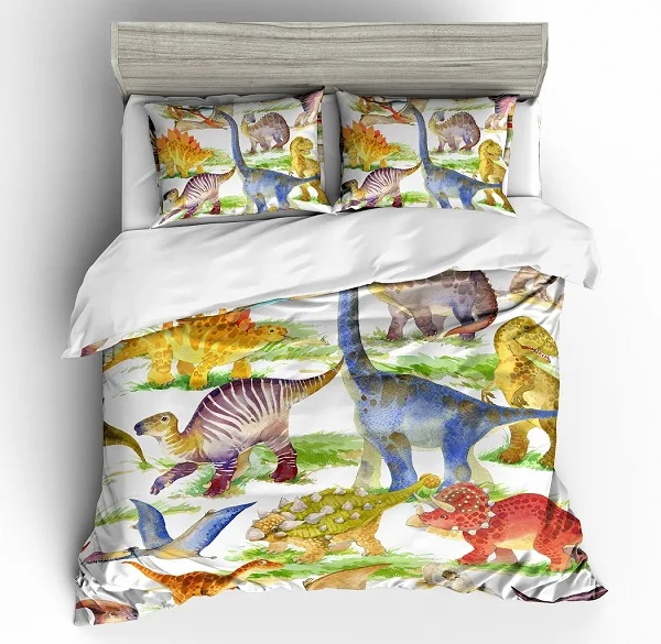 

Cartoon Fun Dinosaur Bedding Set 3D Children's Duvet Cover Red Green Blue Bed Cover Linen Pillowcase Full Queen