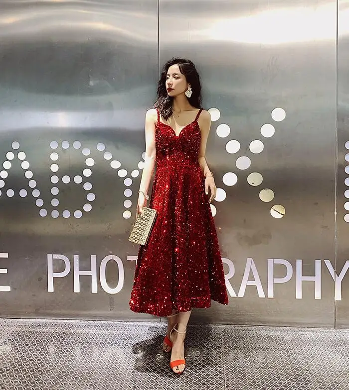 AE552 Prom Dresses Long New V-Neck Sleeveless A-line Sequined Wedding Guest Gowns Vestido De Gala - Цвет: Wine red