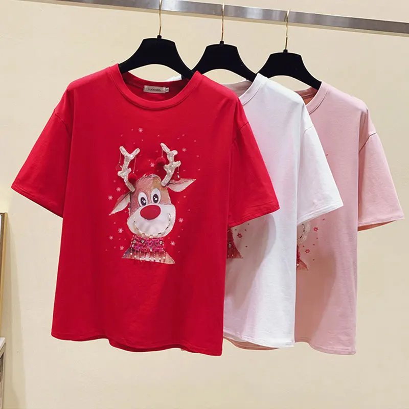 

2021 New Summer Basic New Fashion O Neck Top Bead Embroidery T-shirt Red White Clothes Harajuku Women Short Sleeved T Shirt