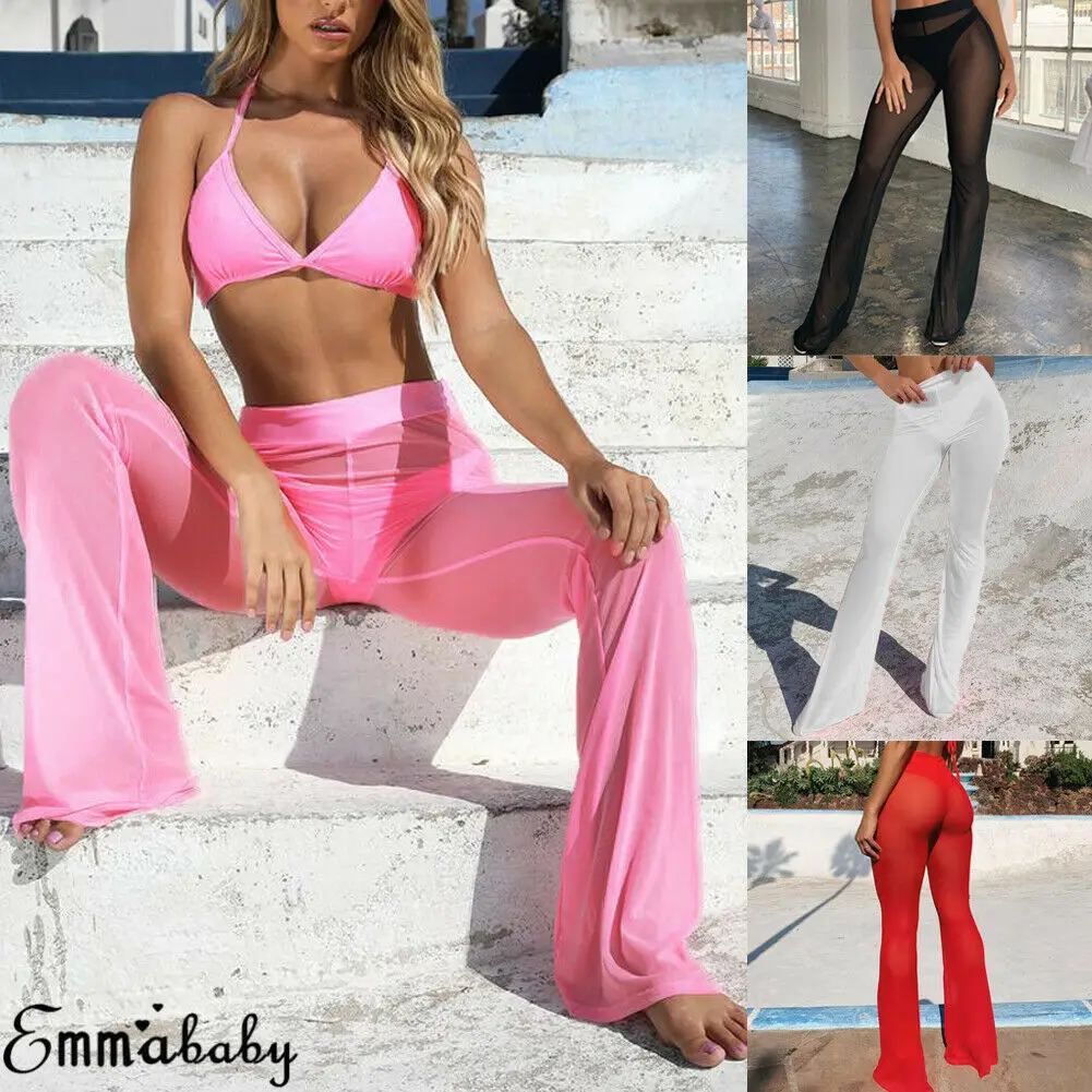 Women Sexy Mesh Bikini Cover Up Beachwear High Waist Flare Pants Trousers Swimwear Swimsuit |
