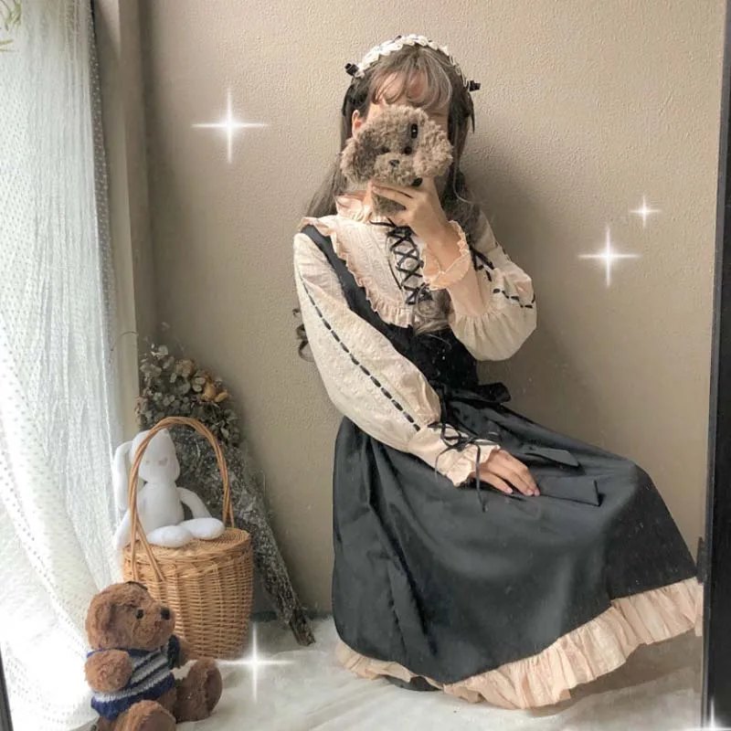 

Japanese Summer Soft Girl Gothic Dress Korean Harajuku Kawaii Ruffles Bandage Bow Patchwork Cosplay Dress Lolita Princess Dress