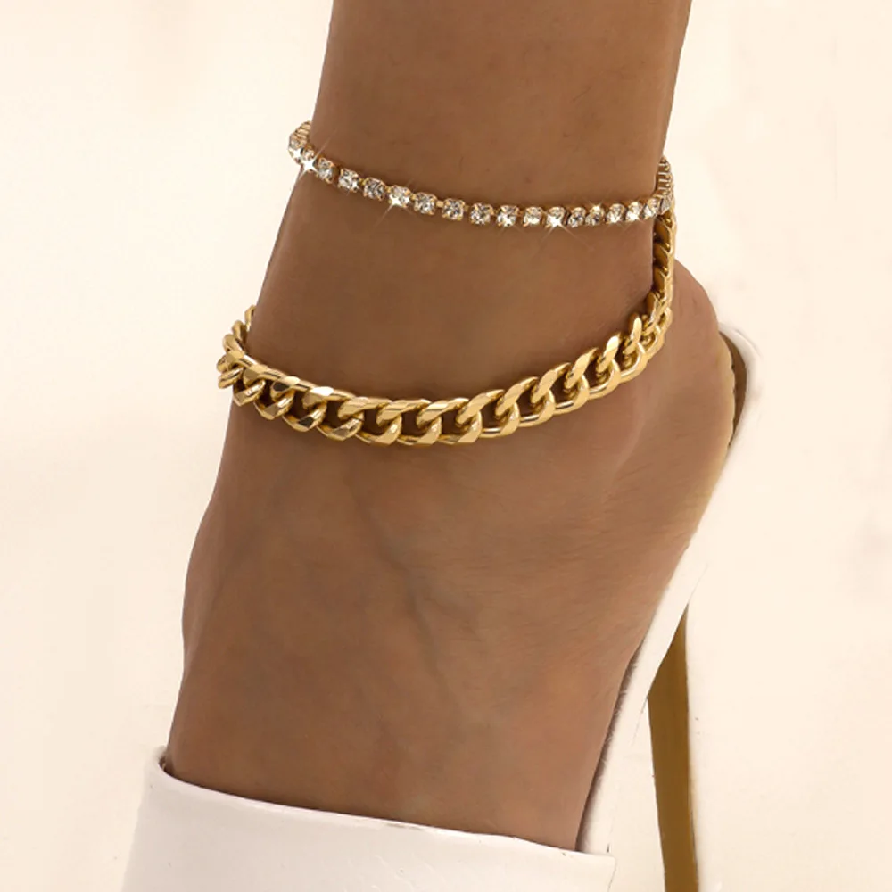 

S2397 Fashion Jewelry Double Layer Chain Anklet Vintage Inlaid Rhinstone Foot Anklets 2pcs/set