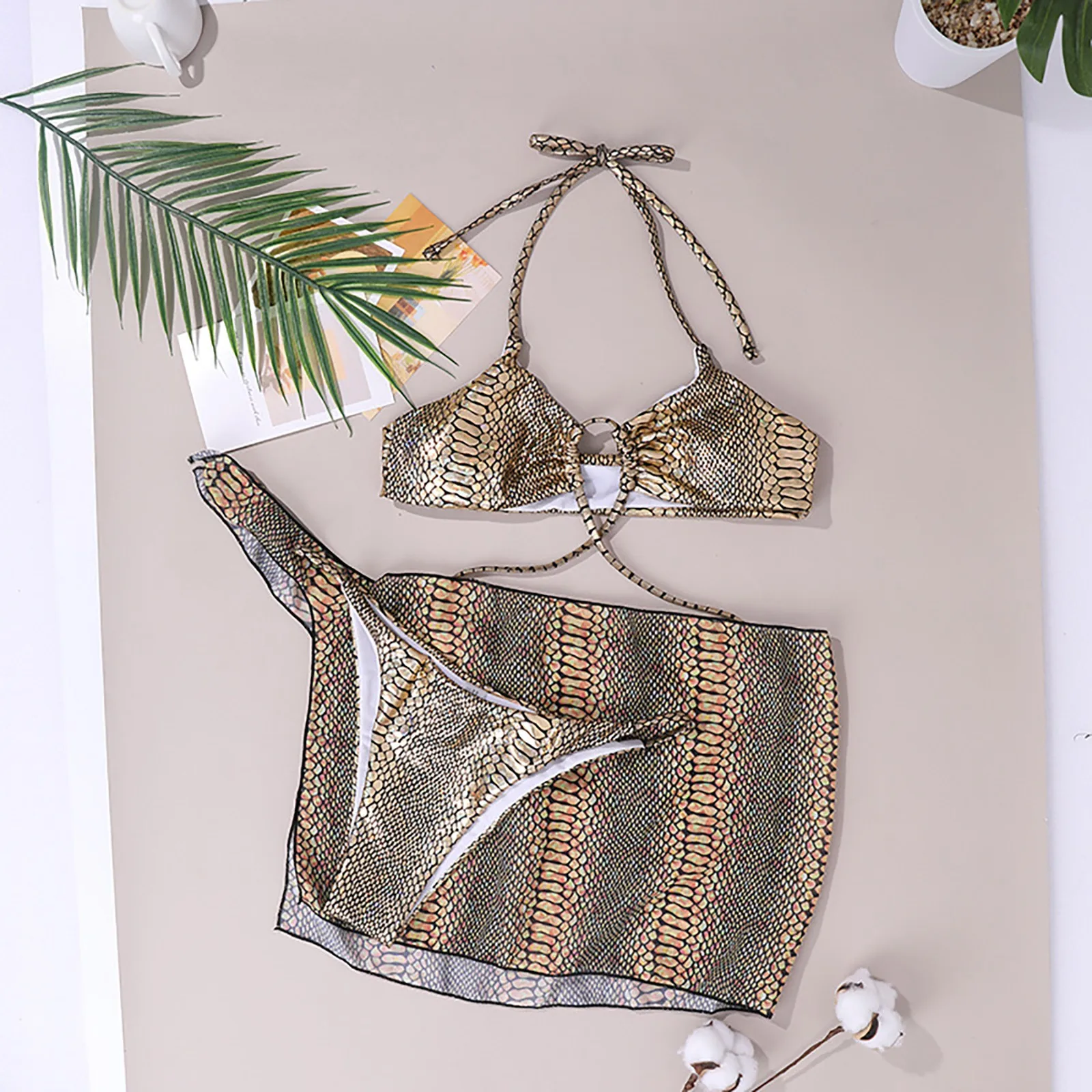 

Women's Bikini Three Piece Halter Sexy Bright Gold Split Swimsuit Super Sexy Women's Bandage Bikini 2021