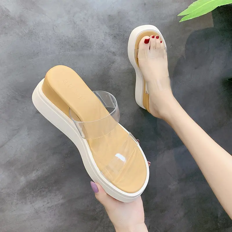 Женские прозрачные шлепанцы на высоком каблуке привлекательные туфли платформе