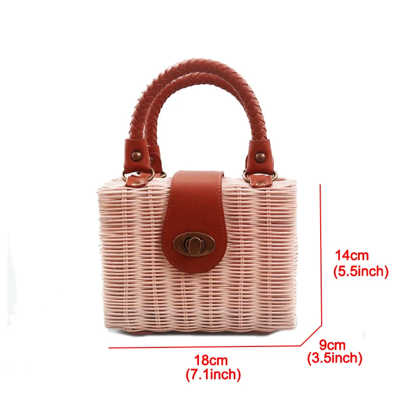 

Casual Rattan Woven Women Handbags Straw Splice PU Leather Box Women's Bag Summer Beach Small Square Tote Bags For Women Handbag