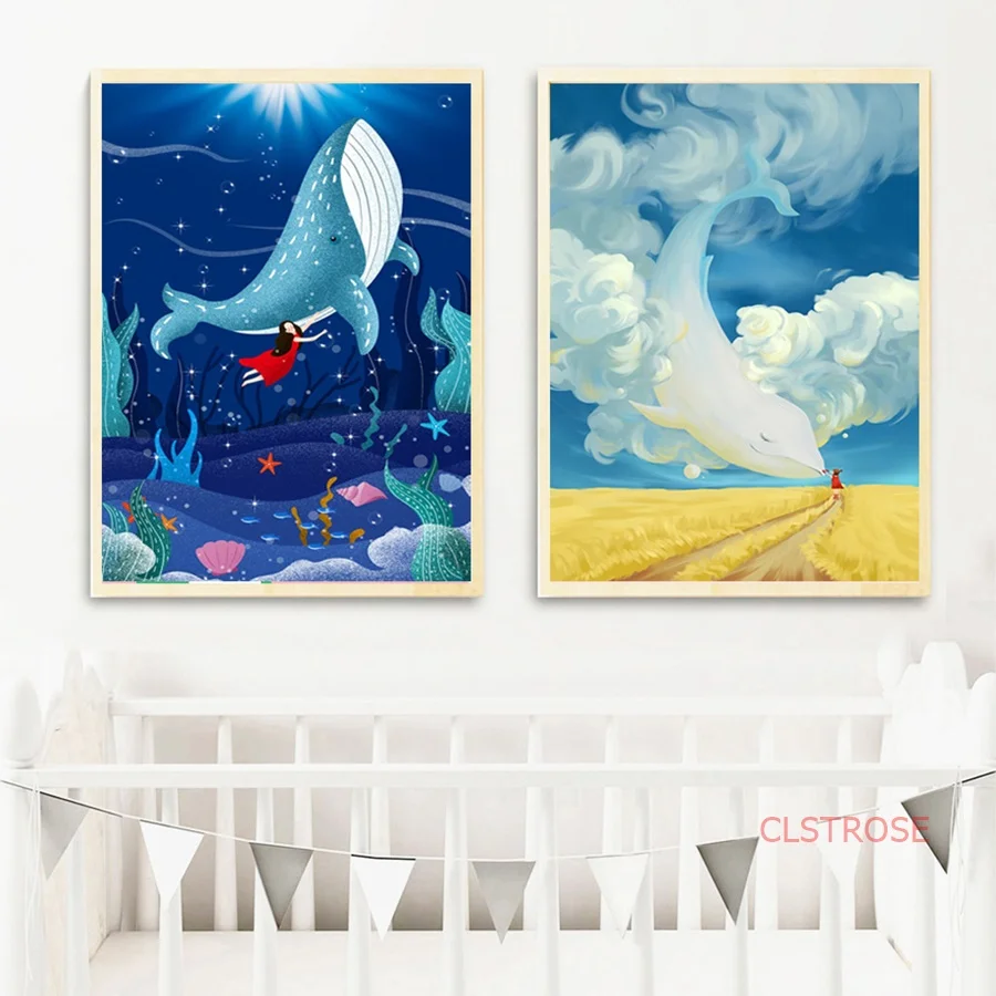 

Nordic Creative Animal Poster Blue Cartoon Dream Whale Canvas Painting kid Room Nursery Decoration Wall Art Canvas Wall Art