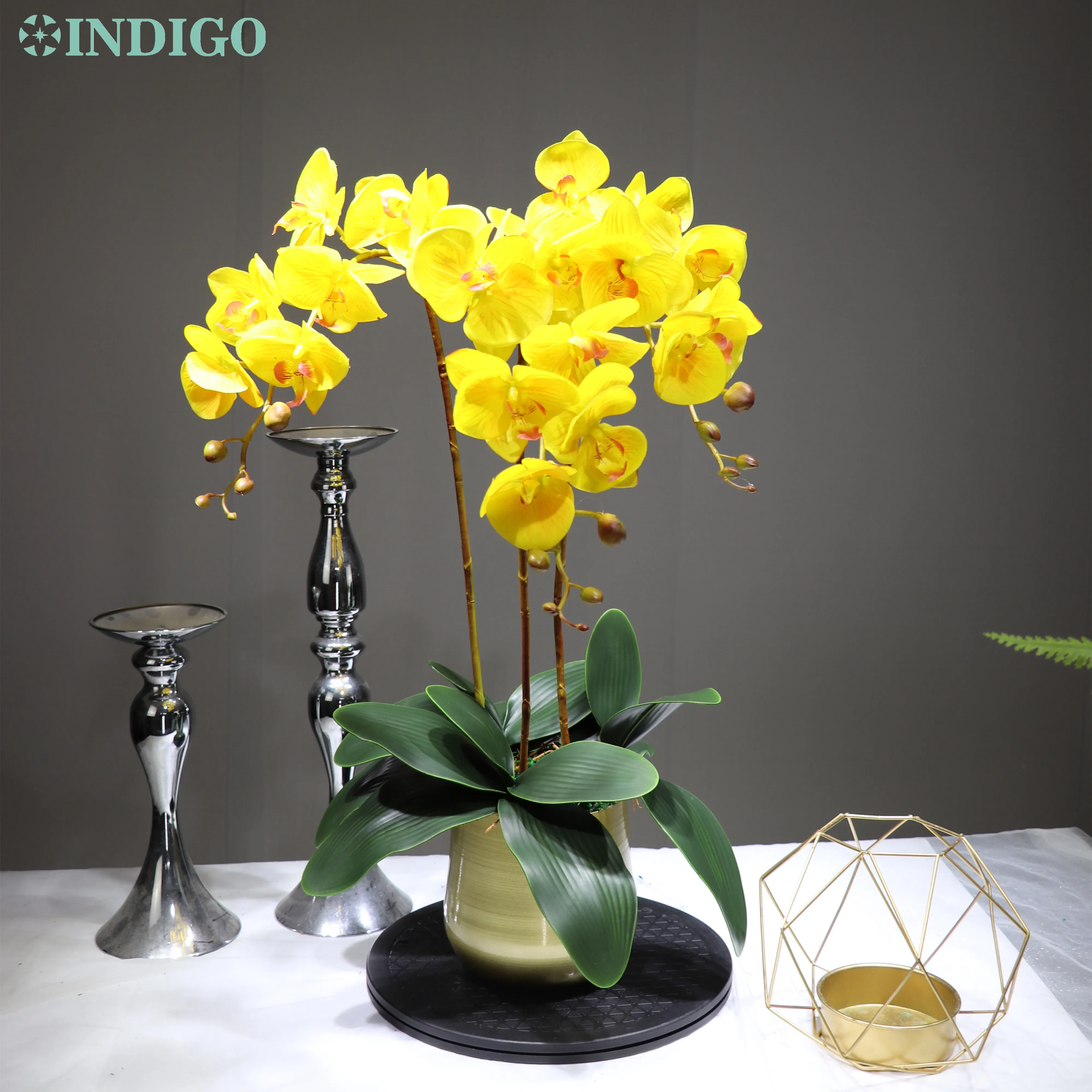 Индиго желтый цветок орхидеи композиция Большой 90 см (3 Орхидея + 3 листа) реальный