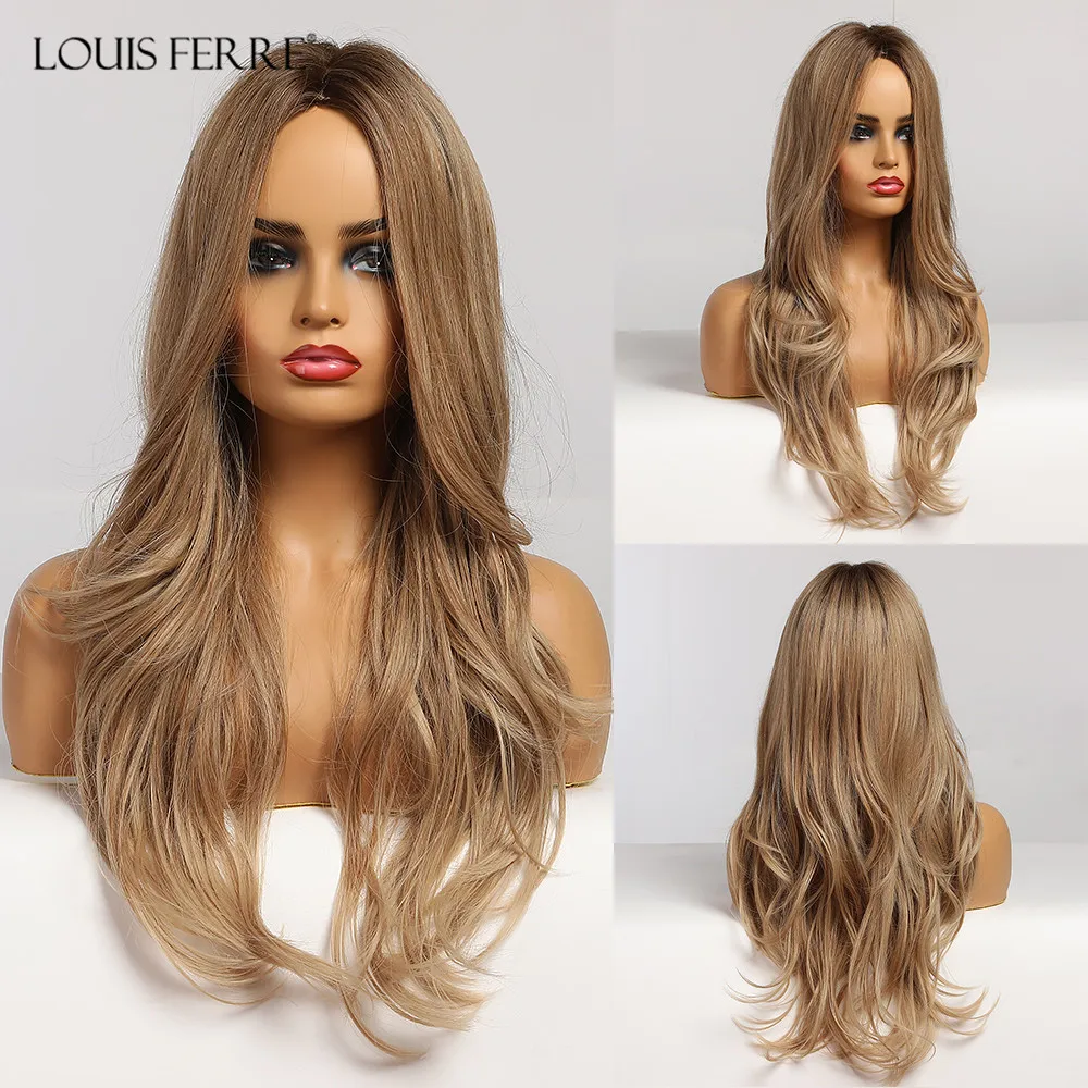 

LOUIS FERRE Middle Part Blonde Brown Ombre Wigs for White/Black Women Afro Cosplay Long Natural Wave Wigs Heat Resistant Fibre