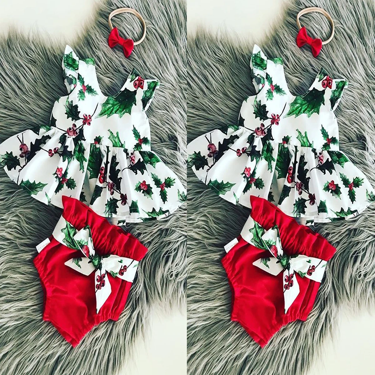 0-24M Newborn Baby Girls Xmas Playsuit Toddler Outfits Set Romper+Short Pants+Headband