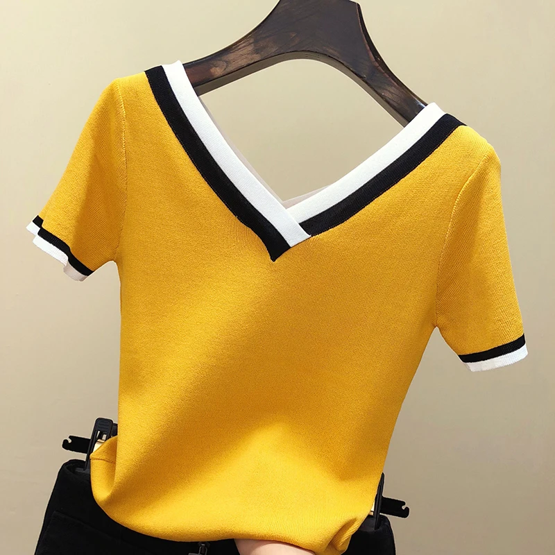 V-Neck T Shirt Women Tshirt Contrast Color Striped Knitted 2022 Summer Top T-Shirt Woman Clothes Tee Shirt Femme Camisetas Mujer