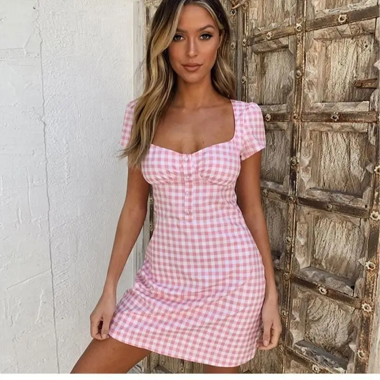 French court Retro Square Collar Plaid short-sleeved dress chic sexy halter waist slim a-line tide | Женская одежда