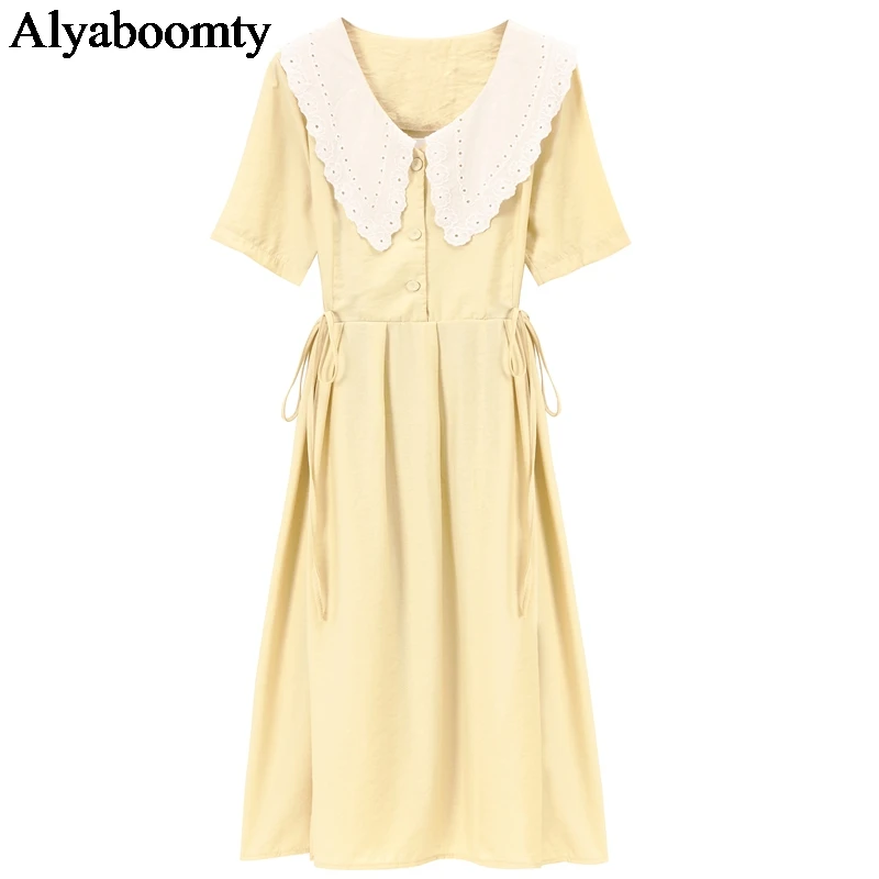 

Mori Girl Summer Women Solid Dress Peter Pan Collar Yellow Bandage Femininos Vestidos Short Sleeve Elegant Sweet Pleated Dresses