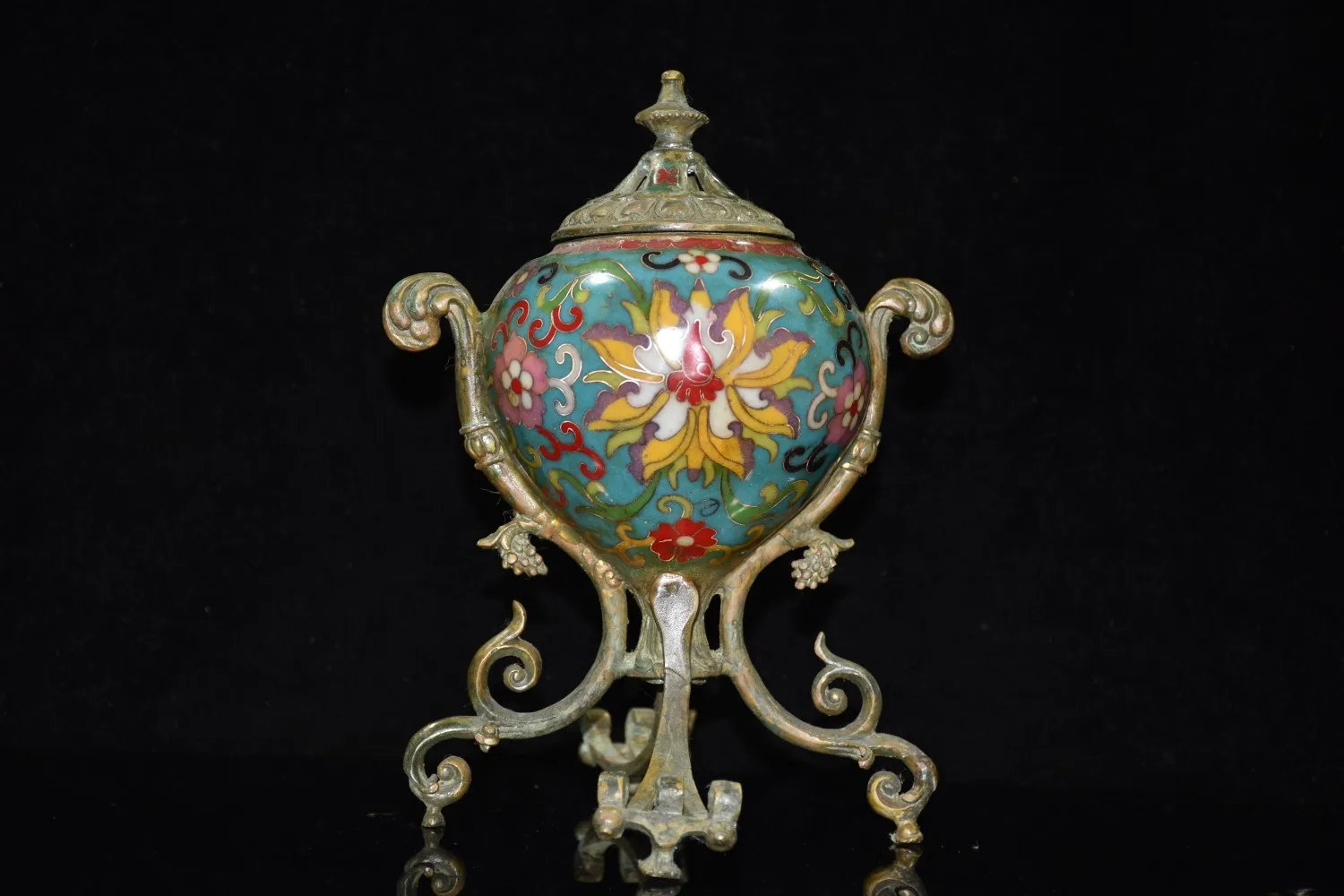 

8"Chinese Folk Collection Old Bronze Cloisonne Filigree Binaural Three-legged Branch shape Incense burner Ornaments Town House