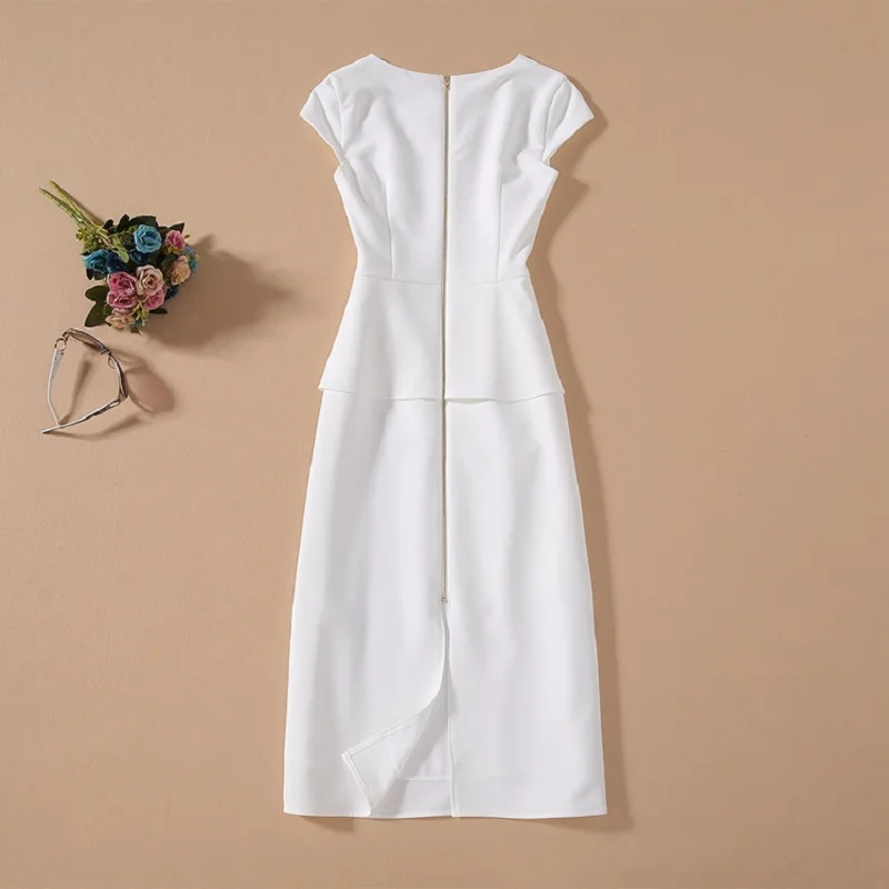 

2020 Summer Fashion Bodycon Dress High Quality Women Ruffle Sexy Split Midi White Pencil Dress Office Lady Elegant Dress Events