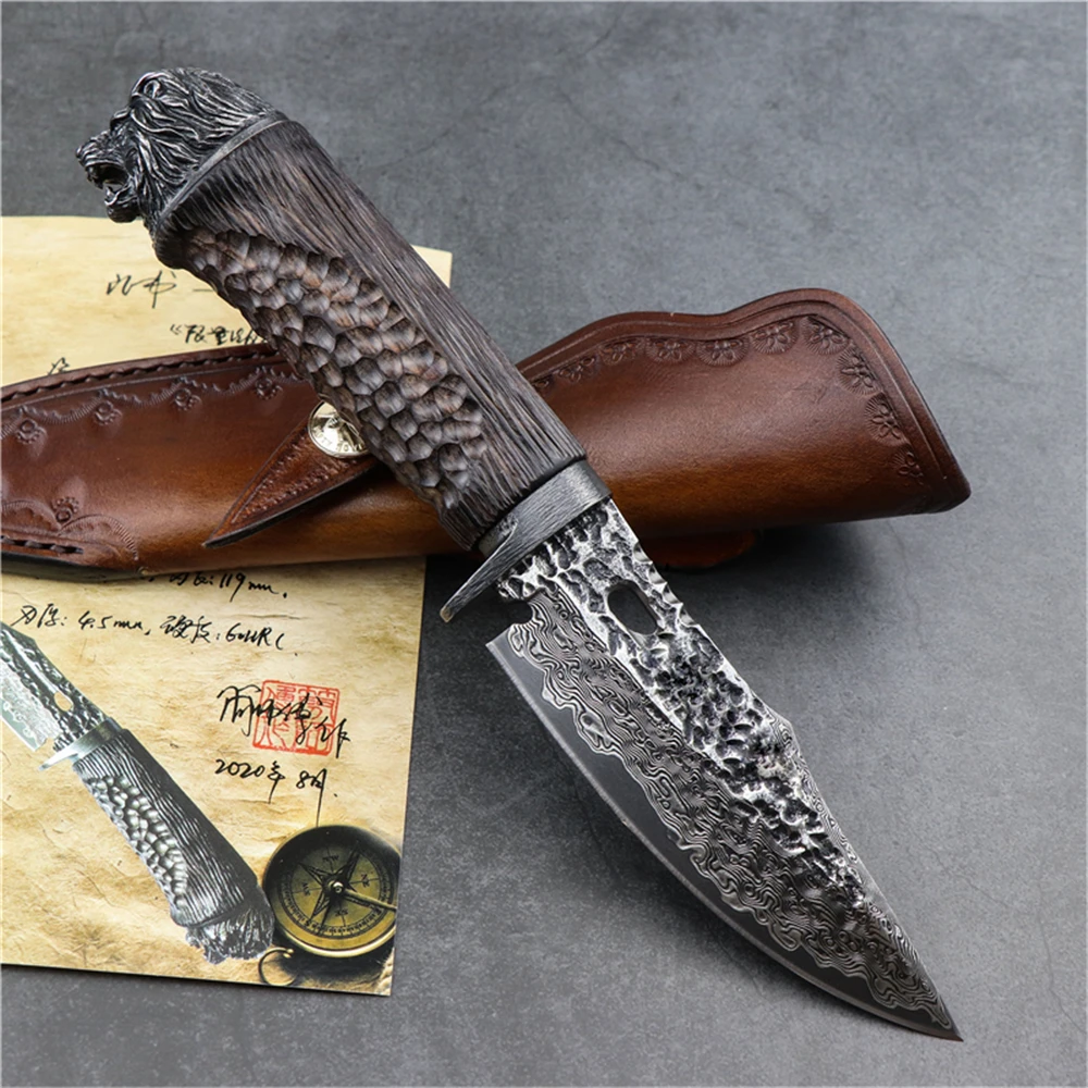 Дамасский прямой нож для выживания на природе охоты фиксированное лезвие ручка