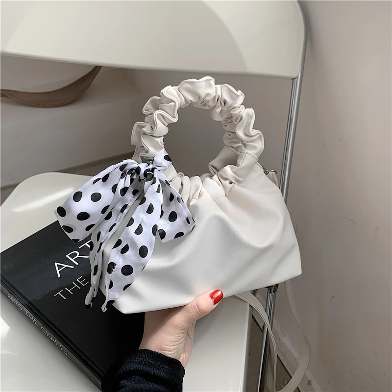 

Korean Style Ruched Ring Handle Mini Women Handbags Scarf Girls Soft Female Tote PU Leather Ladies Shoulder Crossbody Bags 2021