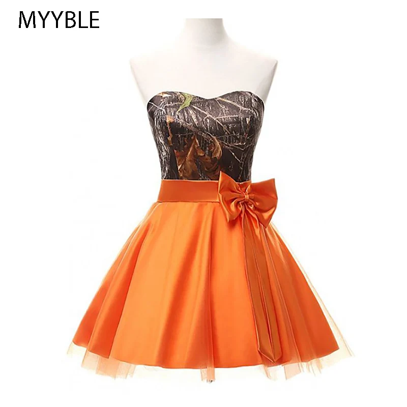 

Fotos reales Sweetheart Camo camuflaje A-Line corto Junior damas de honor vestido naranja falda Formal de encaje hasta la espald
