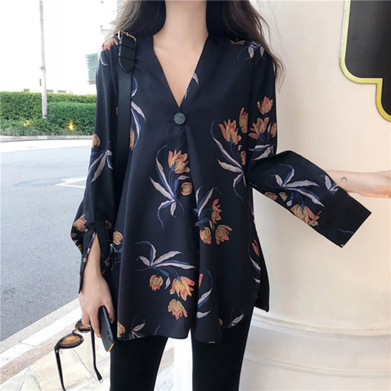 Женская шифоновая блузка с длинным рукавом винтажная v-образным вырезом и