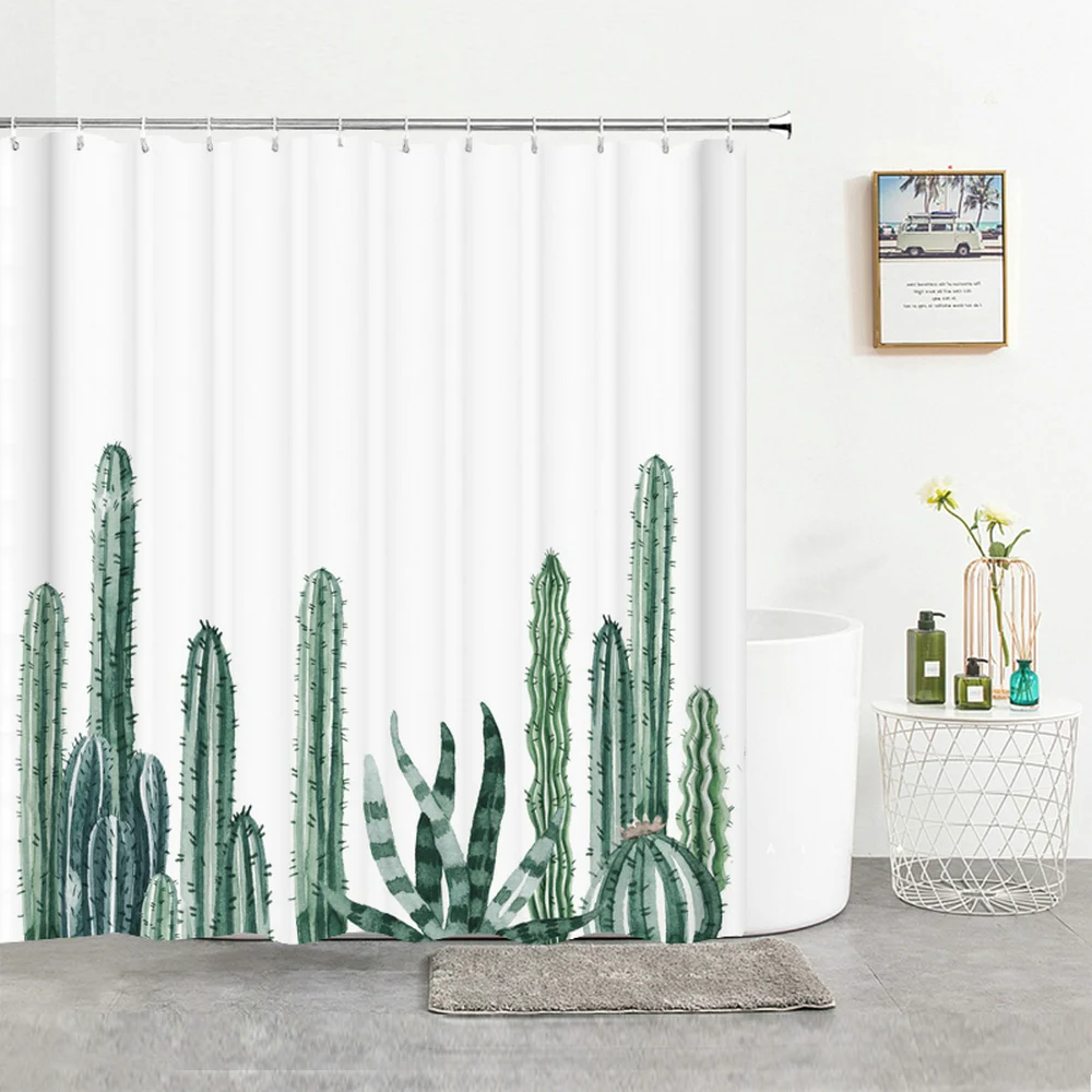 

3D Modern Fresh Cactus Plant Waterproof Fabric Bathroom Curtain Shower Curtains Printing With Hooks Raindrop Bath Screen