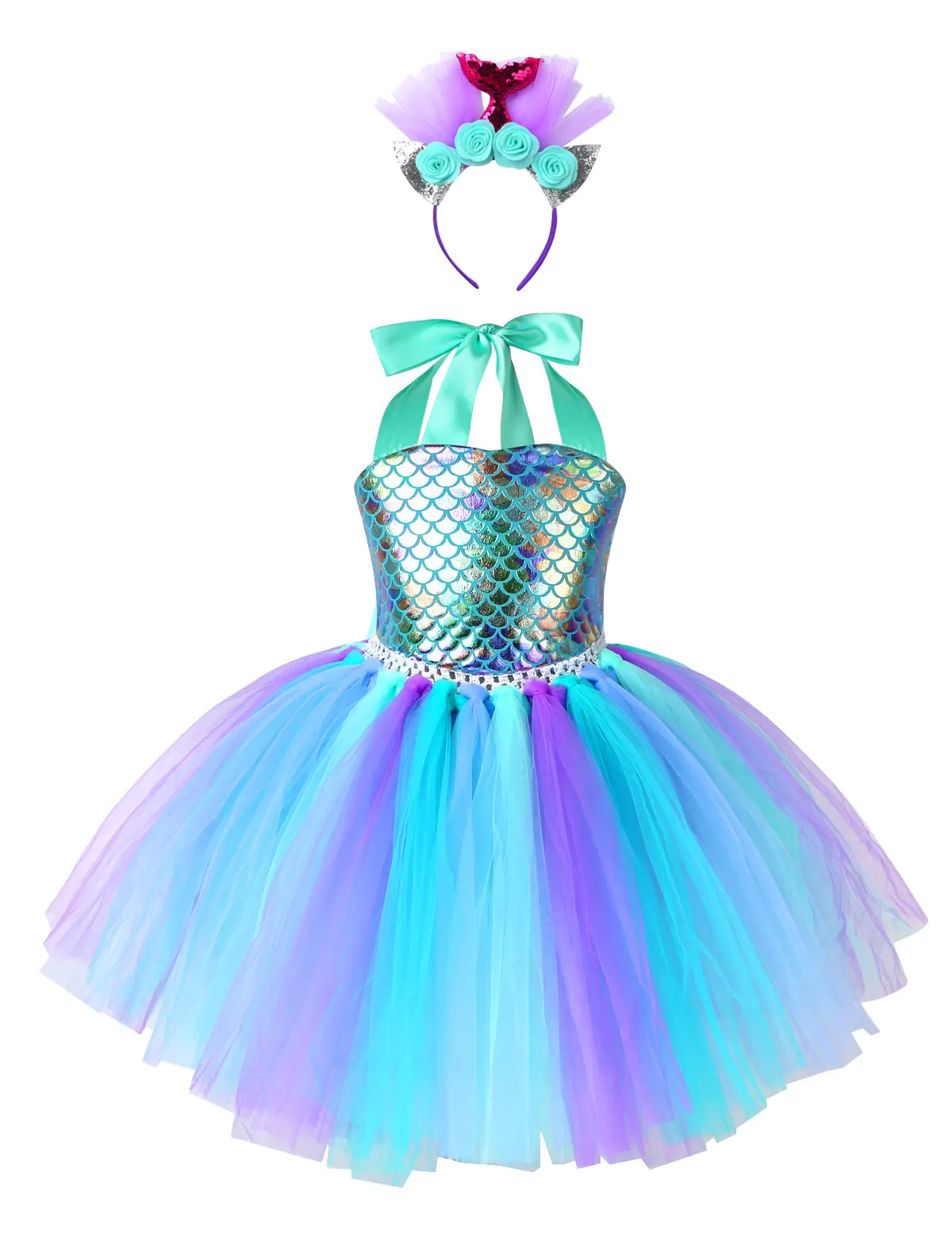 

Children Dresses Kids Girls Mermaid Outfit Halter Neck Fish Scales Mesh Tutu Dress with Hair Hoop for Halloween Cosplay Party