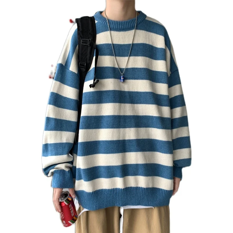 

Fashion Green And Black Stripe Knitted Sweater Men And Women's Autumn Winter Round Neck Casual Trend Pullover Clothing
