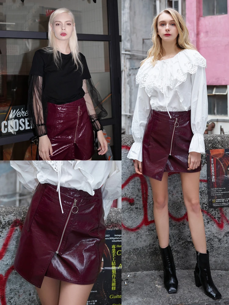 Женская Осенняя цельная блестящая кожаная юбка с разрезом завышенной талией и