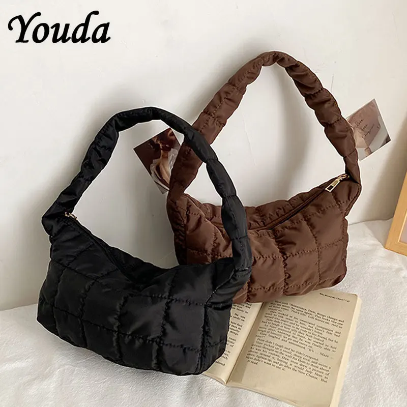 

Youda Lattice Pattern Shoulder Bags Space Cotton Handbag Women Small Fluffy Tote Pack Feather Padded Ladies Quilted Underarm Bag