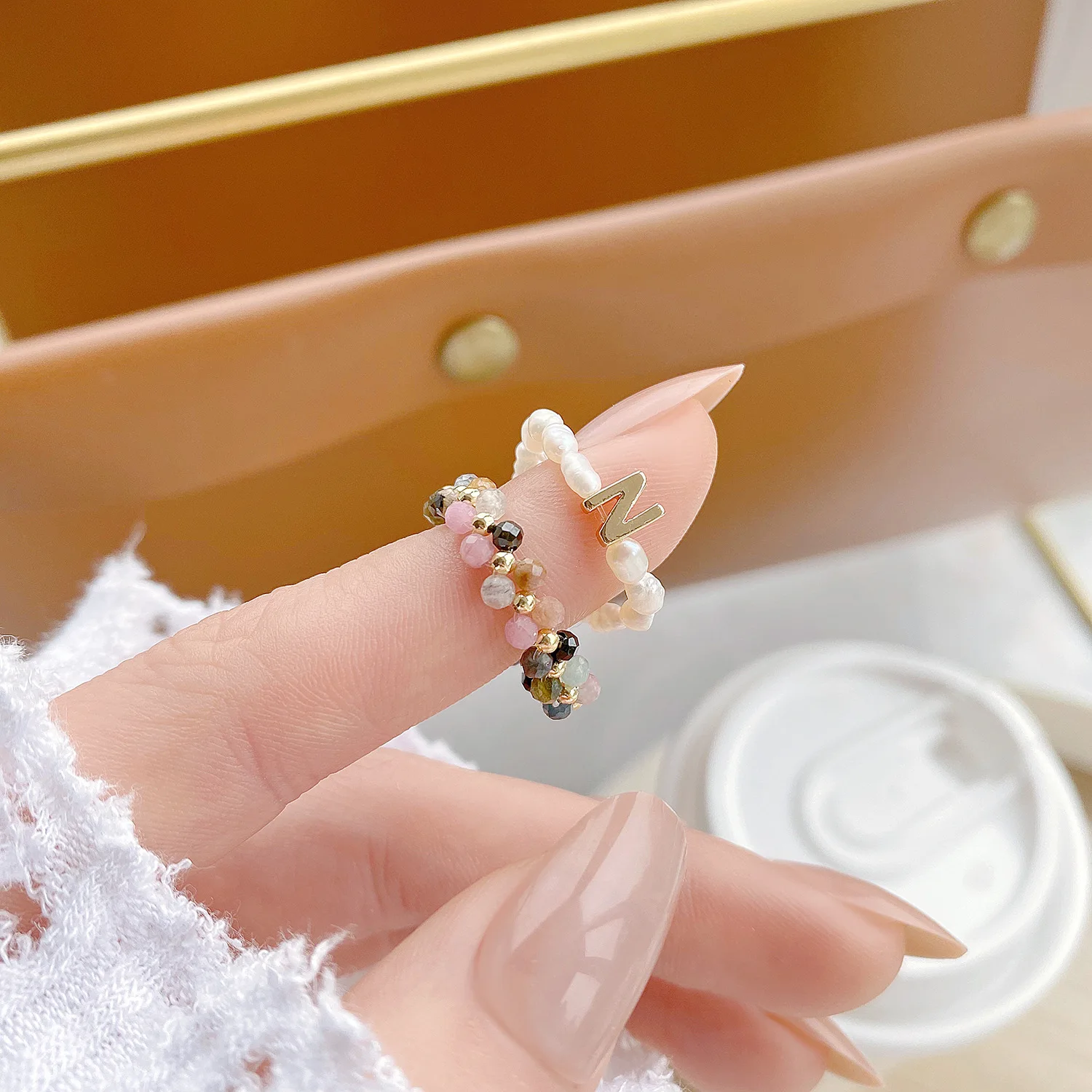 

New Arrive High Quality 14K Real Gold Natural Tourmaline Color Beaded Handmade Freshwater Pearl Open Design Cz Ring for Women