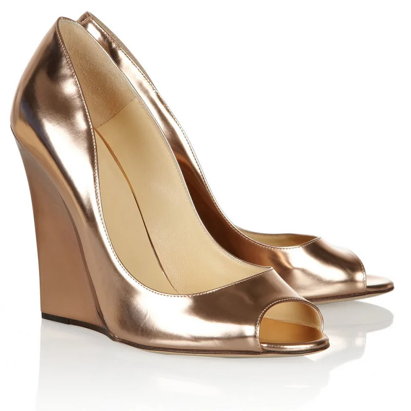 Женские туфли лодочки на танкетке с открытым носком из мягкой кожи|wedge pumps|women