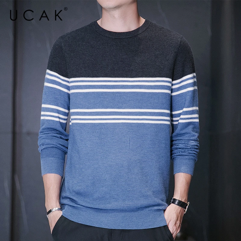

Бренд UCAK, мужской вязаный свитер в полоску с круглым вырезом, осенняя одежда, Новые Топы, уличная одежда, Повседневный пуловер с длинными рук...