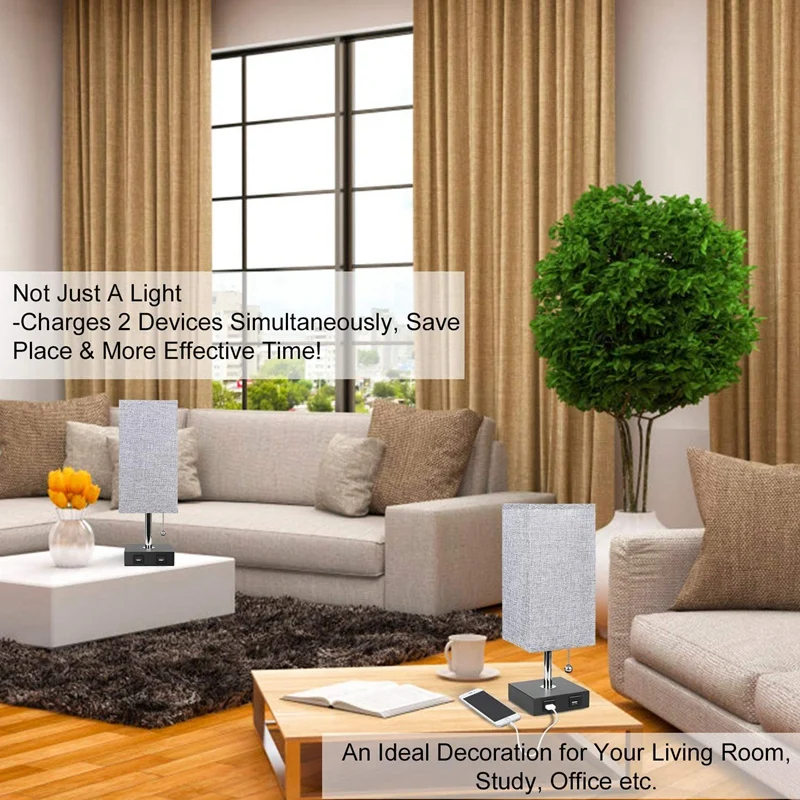 

USB Bedside Table Lamp,with 2 USB Fast Charging Port,Convenient Pull Chain,for Bedroom,Living,Study Room,1Pcs,UK Plug