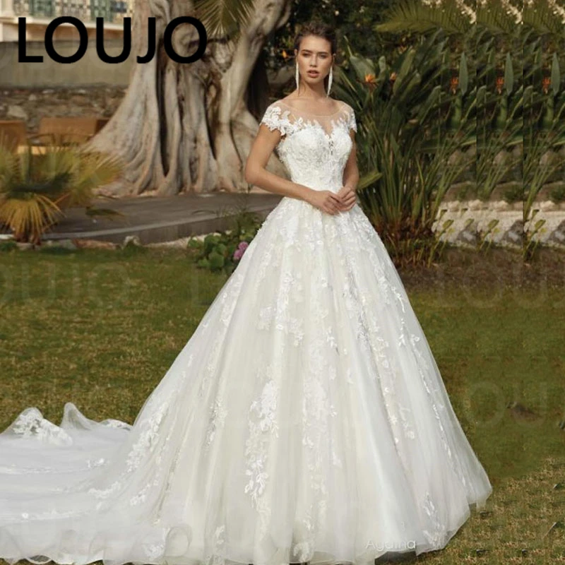 

LUOJO Elegant Wedding Dresses Cap Sleeves Scoop neck Lace Bridal Dress A-Line Backless Train Wedding Gowns vestidos de noiva