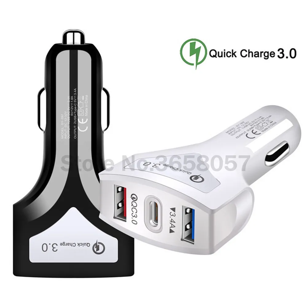 QC3.0 быстрое зарядное устройство 3 в 1 Тип c два usb порта автомобильное Авто адаптер
