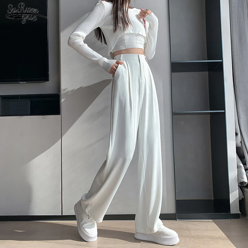 

Spring Summer Loose Female Floor-Length White Suits Pants Ladies Trousers Casual High Waist Loose Wide Leg Pants for Women 16343