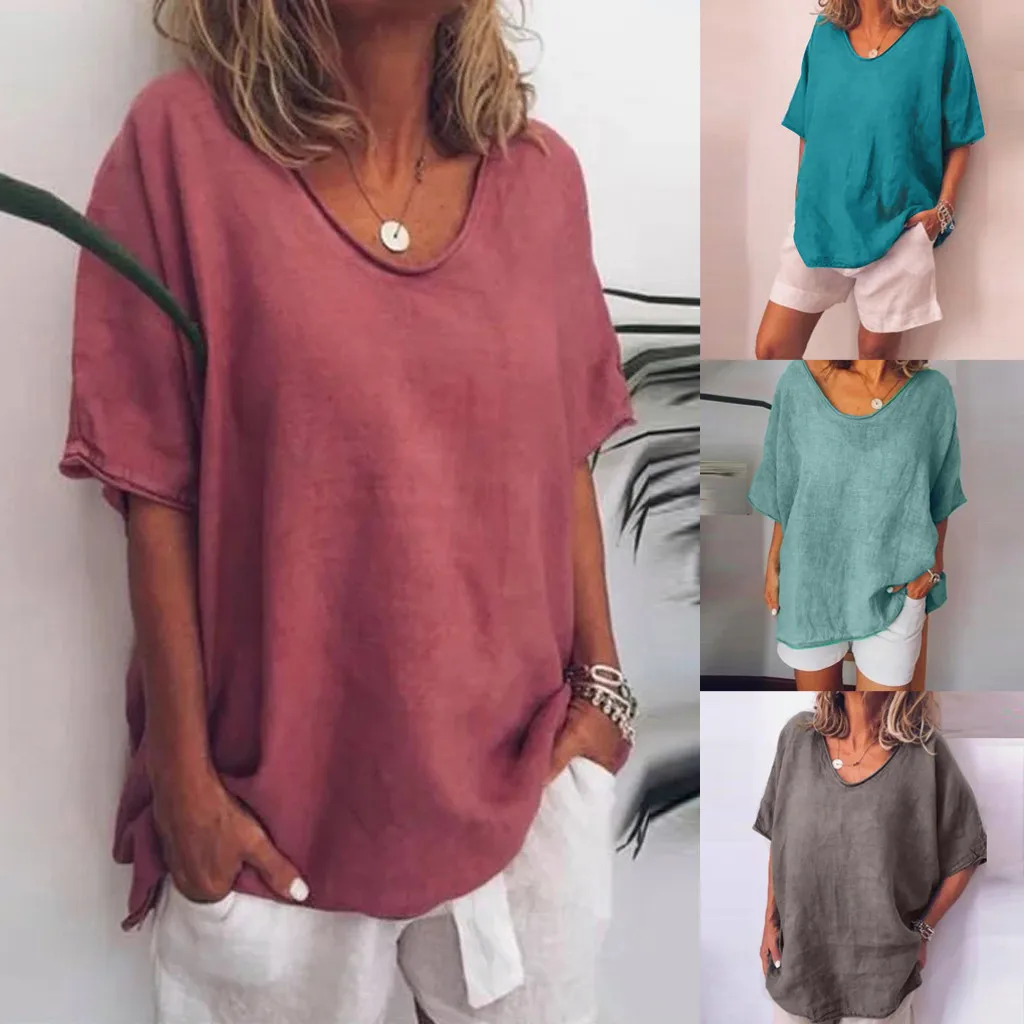 Женская блузка Повседневная летняя однотонная с круглым вырезом и короткими
