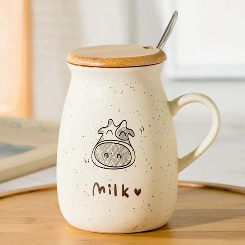 Cartoon Milk Cow Glass Mug Clear Coffee Cup With Lid Ceramic Spoon Cute Home Office Tea Juice Milk Clear Water Cup Birthday Gift