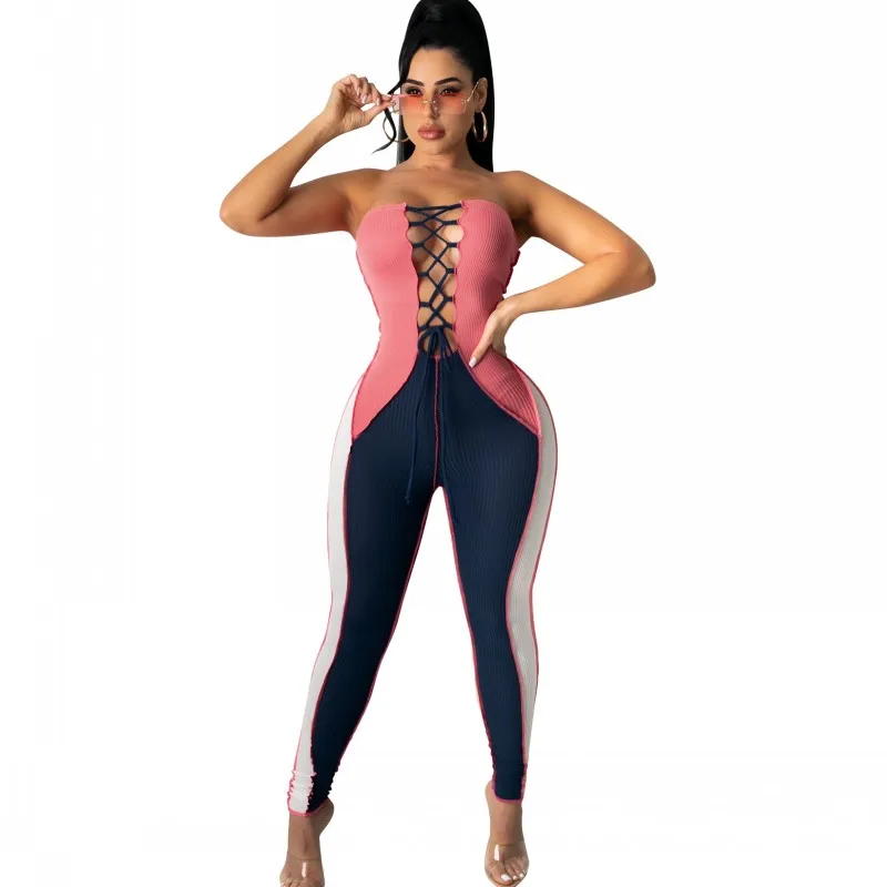 

Skinny Jumpsuit Overalls Women Sexy Sleeveless Lace Up Hollow Out Rompers 2021 Patchwork Knitted Club Outfits Bodysuit Jumpsuits
